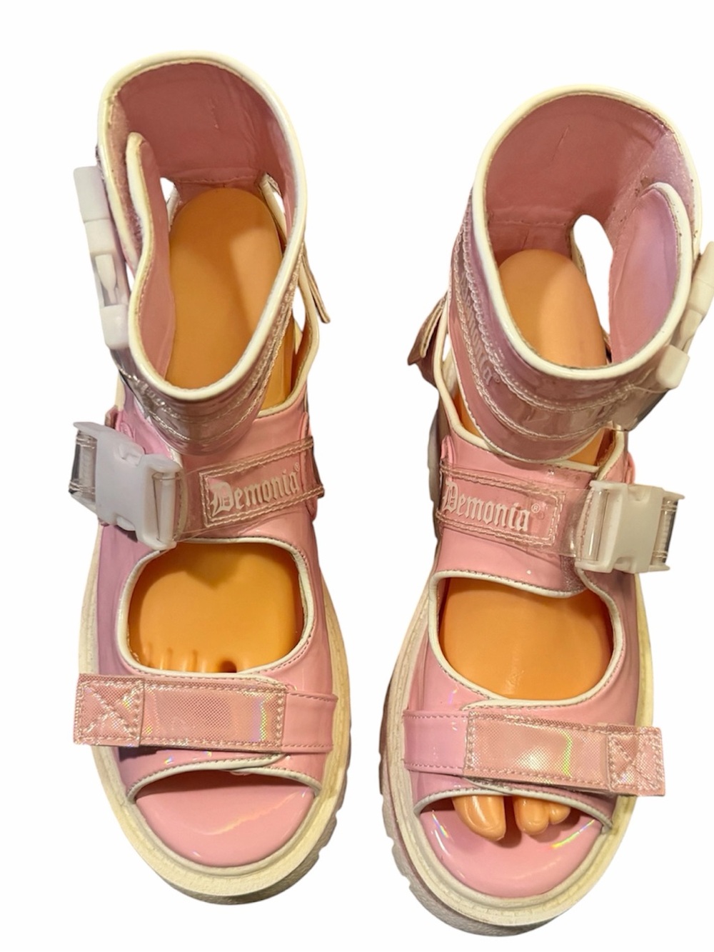 Demonia pink holographic plat form sandals size 10